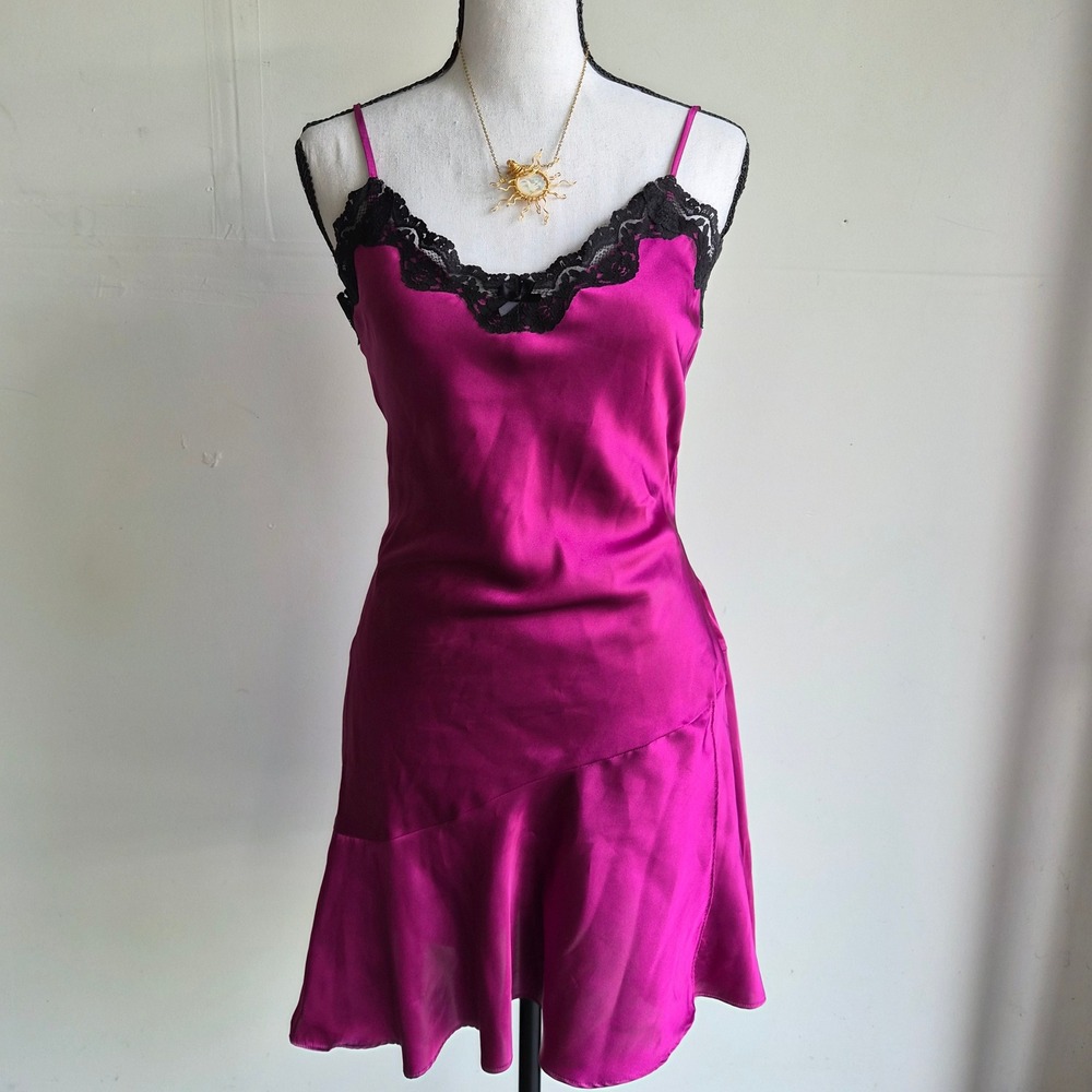 Vintage Delicates Satin Y2K Slip Dress Womens Medium Coquette Fuschia Whimsigoth